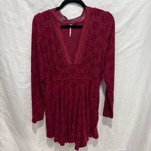 Free People Boho Lace Trim Deep V Fit & Flare Dress Velvet Burnout Pockets Fall